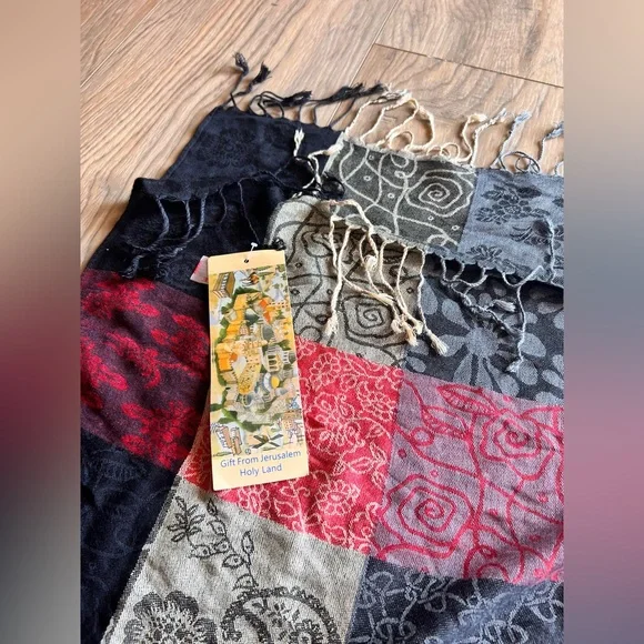 NWT Genuine Jerusalem 100% Cashmere Scarf Red and Black Women’s Wrap Shawl - Picture 2 of 6
